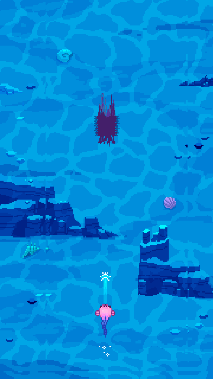 Flicker gameplay: the pink snailfish dodging cascading bioluminescent bullet patterns in Level 1